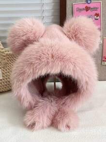1 Stück Plüsch Bärenmütze mit Ohrklappen, dicke warme Winterkopfbedeckung für Frauen, süßer einfarbiger gestrickter Hut, geeignet für den Outdoor-Einsatz