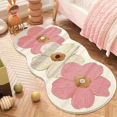 A French Style Fresh And Simple Floral Asymmetrical Shape Washable Carpet, Oil Painting Style Bedroom Decoration Bedside Plush Carpet, Fluffy And Soft Living Room Bay Window Mat, Imitation Cashmere Material Super Absorbent, Very Suitable For Home Decoration Living Room, Bedroom, Study, Bathroom And Office, 1000 Grams Per Square Meter, Ideal Holiday Party Decoration Props