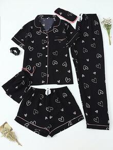 6pc Heart Print Short Sleeve Shorts Pajama Set For Women - Black - View 1