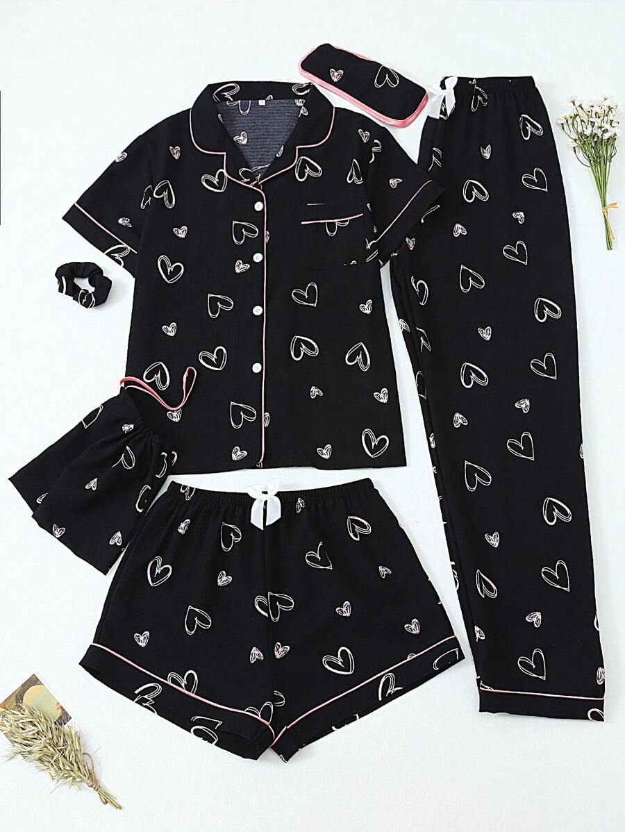 6pc Heart Print Short Sleeve Shorts Pajama Set For Women - Black - View 1