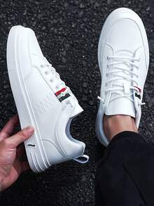 Men's Modern Sport Sneakers White Leather - Red & Green Accent Blocks, Height-Boost Platform Comfort Year-Round - 白色 - 查看 1