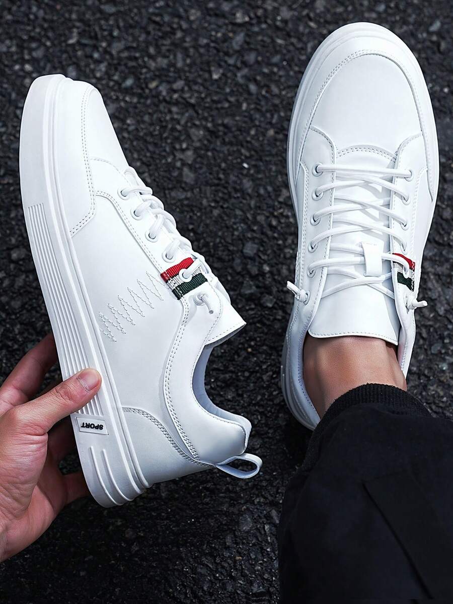 Men's Modern Sport Sneakers White Leather - Red & Green Accent Blocks, Height-Boost Platform Comfort Year-Round - 白色 - 查看 1