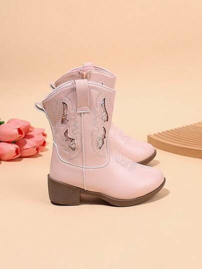 Infant/Toddler Girls' High/Mid-Calf Embroidery High Heel Pointed Toe Zipper Sequin Casual Cowboy Boots