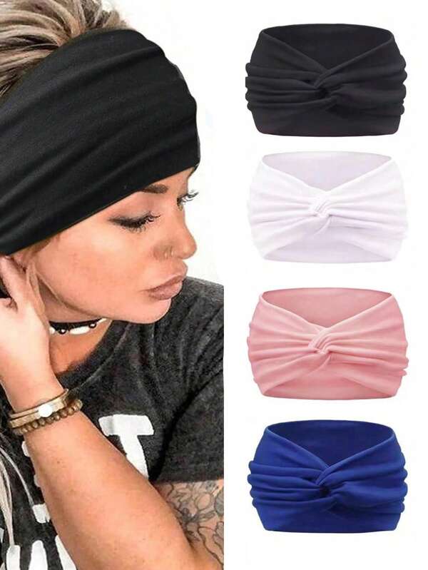 Set da 4 fascia per capelli larga in colore unito, design a nodo annodata, fascia per capelli sportiva da donna per yoga, foulard di moda