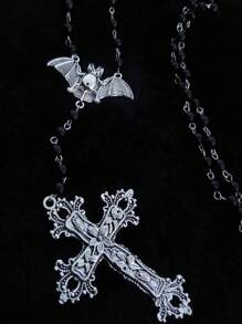 1 pièce Collier de chapelet fait main, perles de prière, pendentif croix traditionnel, charme de chauve-souris de sorcier, bijoux gothiques d'Halloween