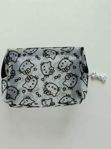 Sanrio 1pc Kitty Flocked & Mesh Portable Cosmetic Bag, Large Capacity Makeup Storage Pouch, Practical For Outdoor Use