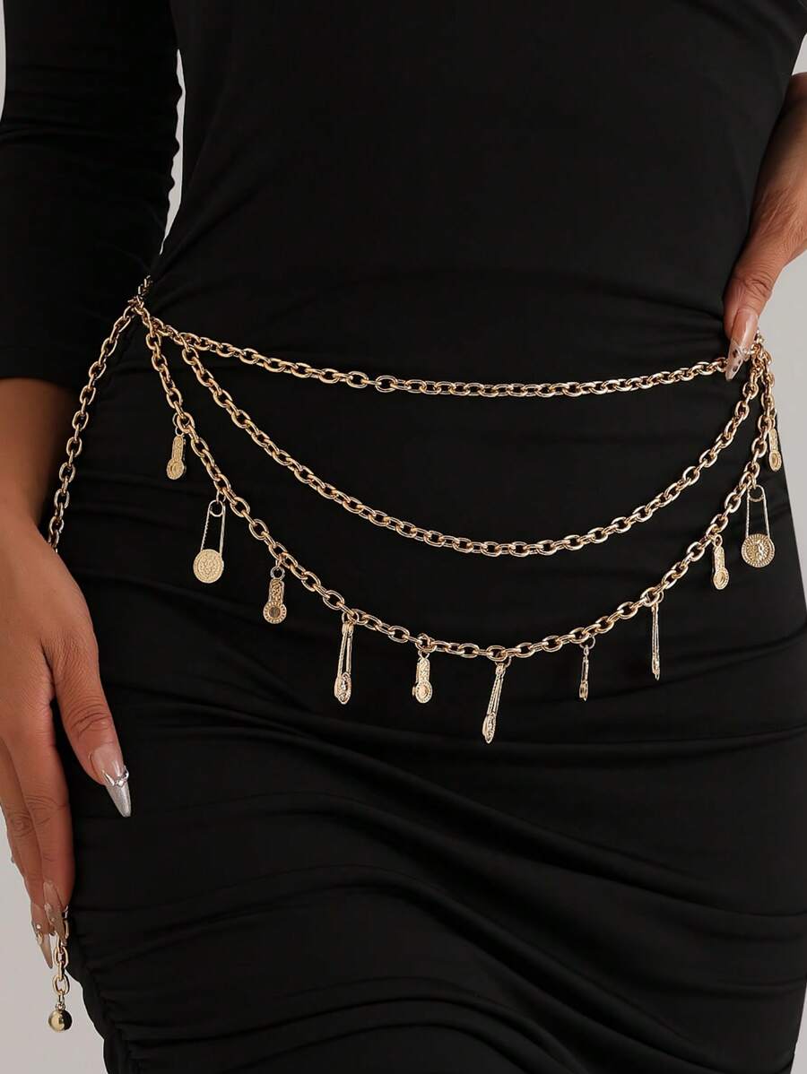 1pc Gold Paper Clip-Shaped Tassel Waist Chain, Fashionable Exaggerated Women Waistband Body Jewelry For Party/Club