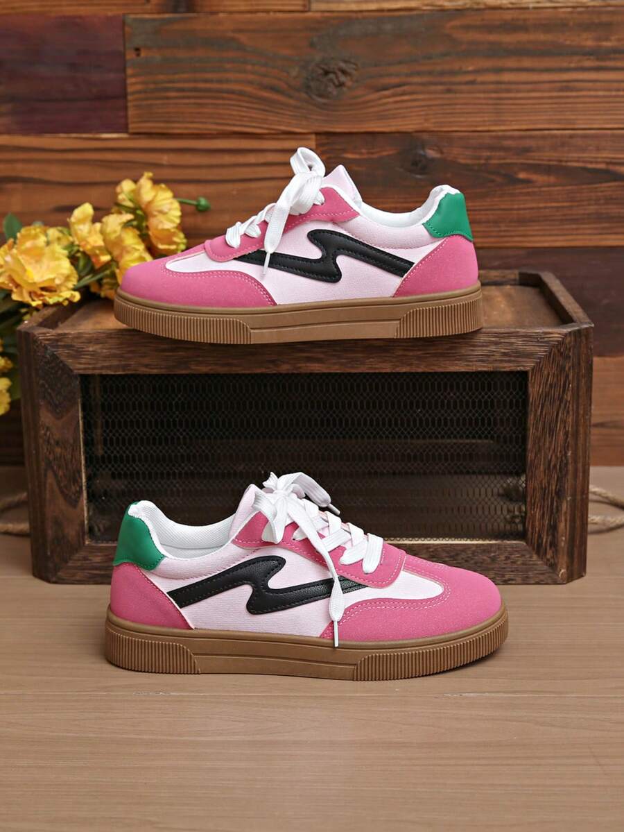 1 双时尚休闲简约百搭平底户外运动鞋，适合青少年，四季皆宜 - 粉色 - 查看 1