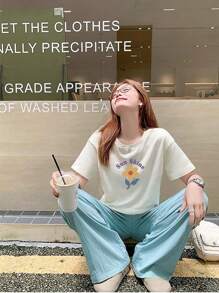 100% Cotton Ladies Short Sleeve T-Shirt, Stylish, Loose, Casual Crew Neck Top - 白色 - 查看 1