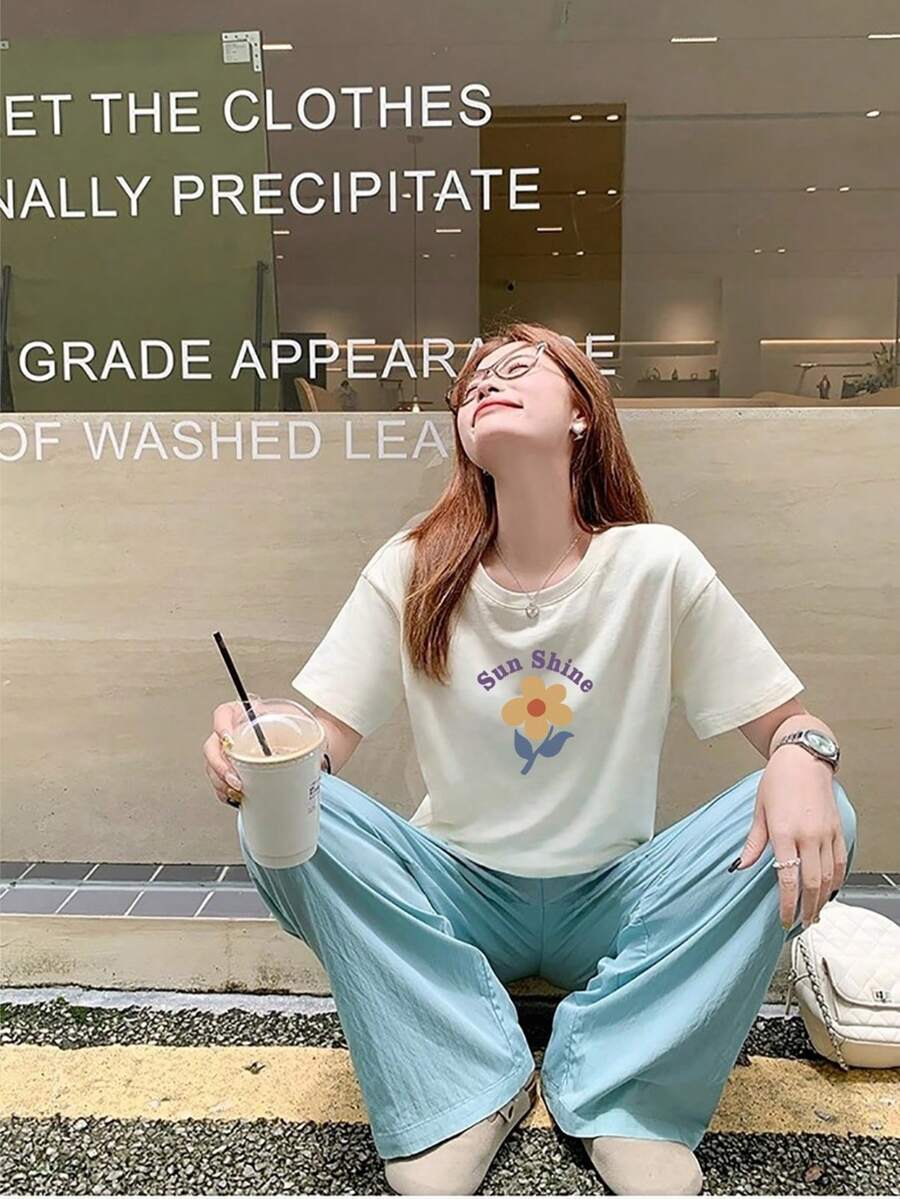 100% Cotton Ladies Short Sleeve T-Shirt, Stylish, Loose, Casual Crew Neck Top - 白色 - 查看 1