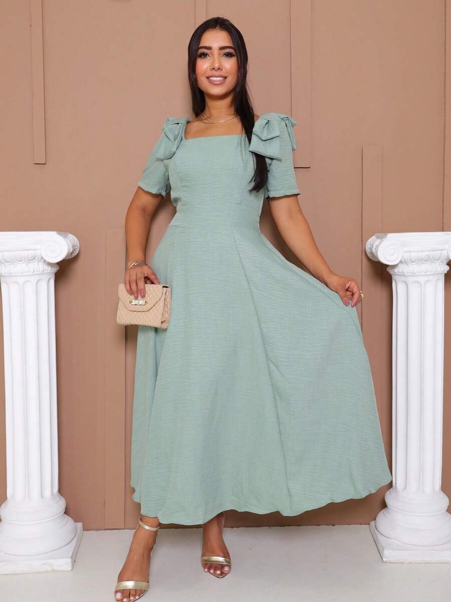 Short Sleeve Midi Dress Simple Ruffle Hem Zipper Summer Wedding - Màu xanh Bạc hà - Xem 1