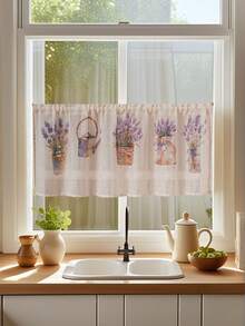 1pc Lavender Flower Pot Print Hanging Curtain, Countryside Style Lavender Printed Decorative Curtain Suitable For Kitchen Cabinet, Bay Window, Doorway, Room Divider, Home Decor - Purple - View 3