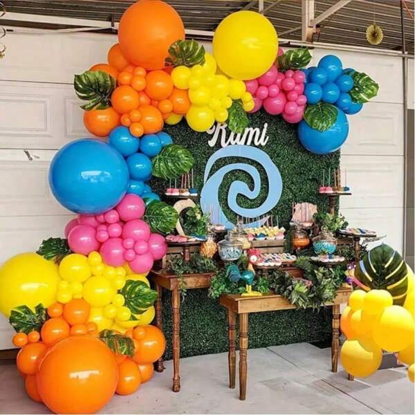 Conjunto de 127 piezas para arco de globos de estilo hawaiano tropical en colores azul, naranja, amarillo y rosa - globos de látex para fiestas de cumpleaños, graduación, playa y otras celebraciones hawaianas