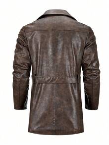 男士中长款单排扣翻领夹克，复古前单口袋设计，配腰带 PU 外套 - 咖啡棕 - 查看 3