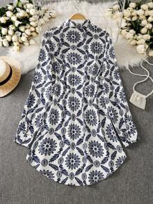 Allover Print Long Sleeve Blouse, Women Modest Tops - Multicolor - View 2