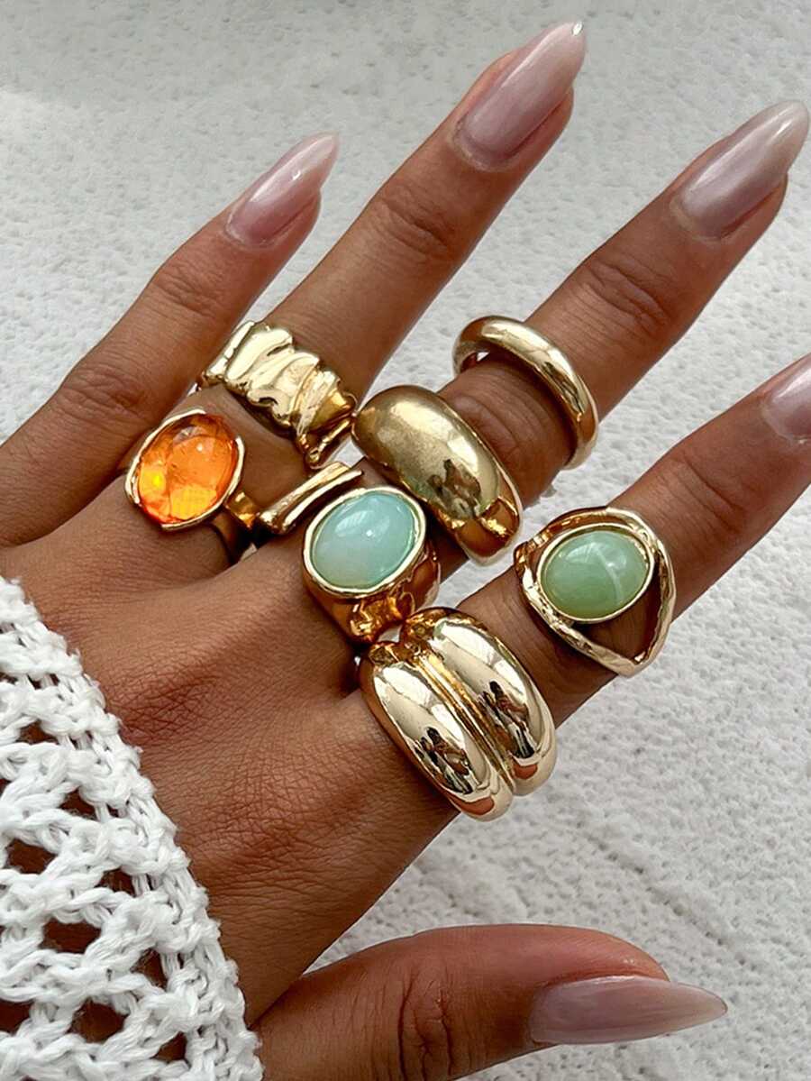 7pcs/Set Stacking Rings Set, Vintage Metal Hammered Texture Rings With Gemstones, Suitable For Daily Wear, Gift For Friends And Family (Do Not Wear While Showering, Do Not Forcefully Bend, Sizes May Vary, Please Choose Carefully) - Gold - View 1