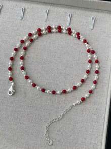 Sterling Silber Halskette mit natürlichen roten Achat-Perlen, vintage elegante rote und weiße Kombination, anmutig und edel