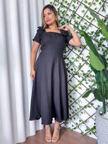 Short Sleeve Midi Dress Simple Linen Ruffle Hem Zipper Summer Wedding - 黑色 - 查看 1