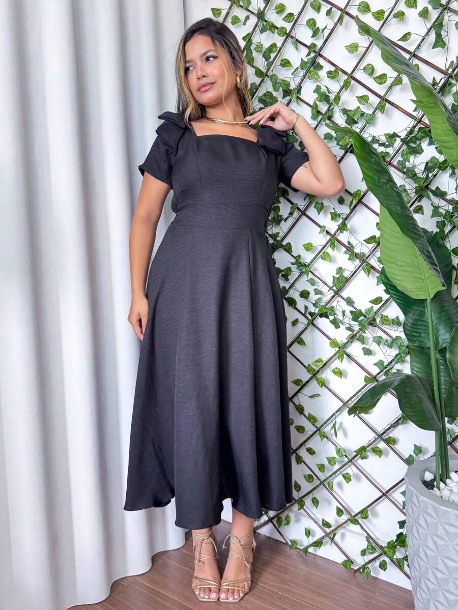 Short Sleeve Midi Dress Simple Linen Ruffle Hem Zipper Summer Wedding - 黑色 - 查看 1