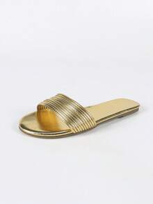 Sandalias planas tipo francés con tira delgada y empalme dorado, sandalias deslizantes sexys y cómodas con punta redonda - Dorado - Ver 10