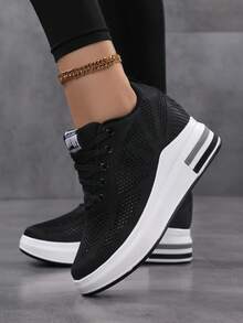 女式休闲隐形坡跟运动鞋，网眼鞋面系带舒适运动鞋，尺码 35-42