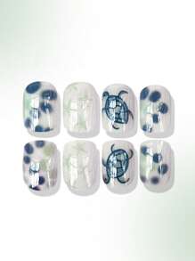 瞬间提升你的美甲造型！24片/套 短款方形亮面可爱白色海龟波点美甲贴纸套装，适合时尚达人、OL、派对、约会和日常佩戴。美甲贴纸，美甲用品，美甲必备。 - 彩色 - 查看 2