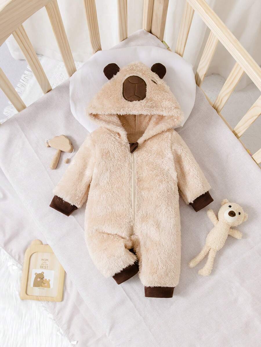 1pc Newborn Baby Boy Cute Bear Design Contrast Color Hooded Zipper Long Sleeve Romper, Comfortable Outfit For Infant