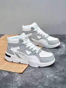 Men's Fashion Letter Pattern Contrast Color Leather Patchwork Lace-Up High-Top Casual Shoes, Personalized Comfortable Versatile Outdoor Daily Commute Flat Sports Sneakers, Great For Casual Jeans Sports Style - white ash - View 3