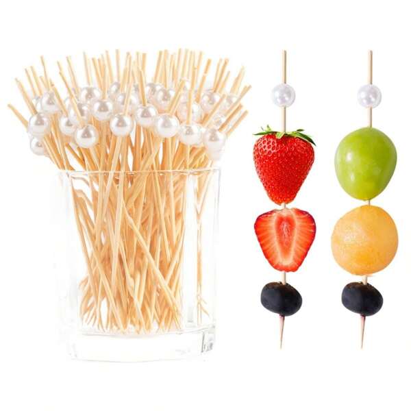 200/100/50/20/Pcs White Bead Food Sticks,Fruit Fork, Bamboo Stick, Bamboo Skewer, Durable Anti-Crack Bamboo Sticks, Delicate Bamboo Sticks, Fruit Bamboo Sticks, Sandwich Toothpicks, Suitable For Party, Birthday Wedding Party Decoration Supplies, Home Picnic Party, Club, Fruit, Cupcakes: Hamburgers, BBQ Snacks,