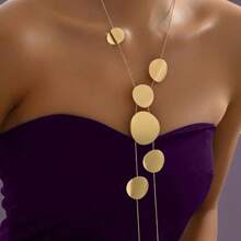 1 pieza collar largo de mujer versátil, elegante y creativo de acero inoxidable con diseño geométrico circular liso y asimétrico en capas, collar de cadena geométrica hueca en color dorado