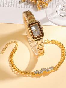 2pcs/Set Minimalist Rhinestone Roman Numeral Dial Stainless Steel Watch + Sparkling Heart Charm Bracelet, Suitable For Birthday, Graduation, Teen Gifts - Gold - View 7