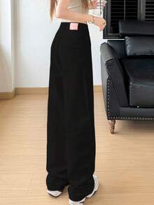 女士休闲高腰直筒阔腿牛仔裤，百搭复古 - 黑色 - 查看 3