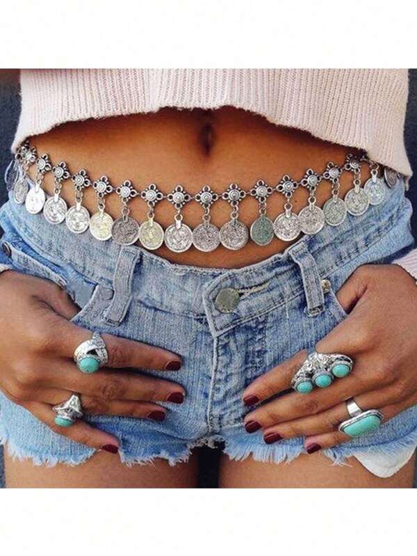 1pc Bohemian Long Tasseled Waist Chain, Women's Vintage Metal Pendant Coin Decor Jewelry, Beach Bikini Latin Dance Belt