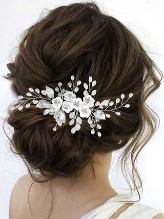 1 pieza - Peine para el cabello con flor para novia/boda, peine lateral de perlas plateadas para novia, accesorio de cabello con hojas de cristal para damas, tocado floral nupcial que se puede usar para muchos peinados diferentes, dándole talla grande encanto a su atuendo y haciéndola elegante. Es un accesorio de cabello nupcial retro y bizarro adecuado para novias y damas de honor.