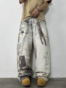 Hearty Haven 1件装复古高街个性化数码印花水洗休闲宽松牛仔裤，男士百搭街头服饰 - 白色 - 查看 4