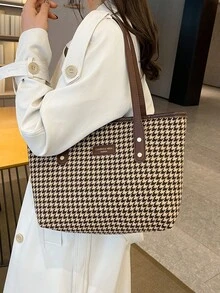 复古千鸟格托特包2025新款设计，大容量高品质手提包，女士通勤单肩包 - 棕色 - 查看 8