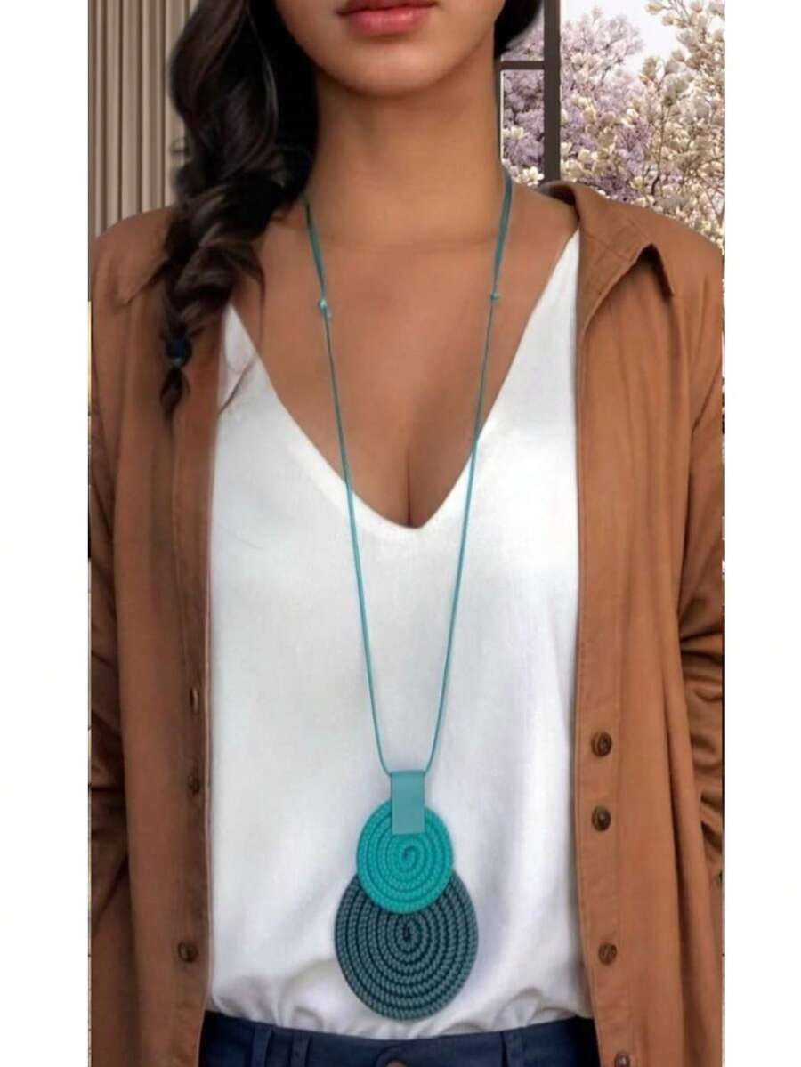 Women's Long Necklace Color Handmade Mandal Pendant - 17.Petroleum/Tiffani - View 1