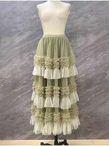 Stylish Layered Contrast Color Cake Skirt For Women, Sweet Fairy Mesh Tulle Skirt, Spring/Summer New Arrival - Green - View 4