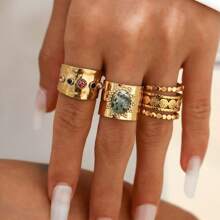 Conjunto de 3 anillos anchos de estilo retro punk decorados con rhinestones para mujeres, anillos ajustables de metal huecos y personalizados