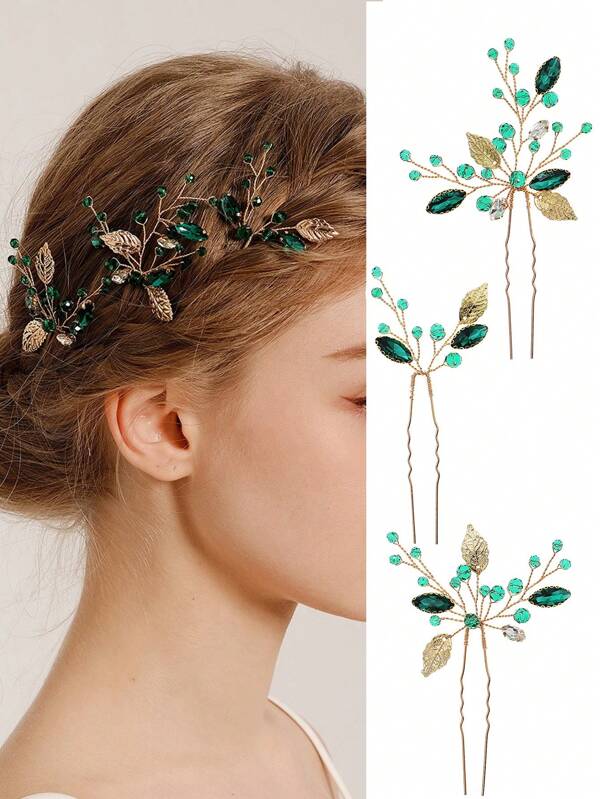 3 Stücke/Set grüne Blatt Braut Hochzeit Haarzubehör U-förmige Haarspangen, Hochzeitskleid Dekoration