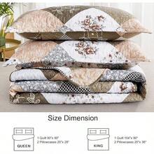 Floral Plaid Patchwork Quilt Set King Size, Reversible Brown Bedding Set Soft Microfiber Lightweight Bedspread Coverlet 3 Piece All - Season Use (104x90 Inches) - 棕色 - 查看 6