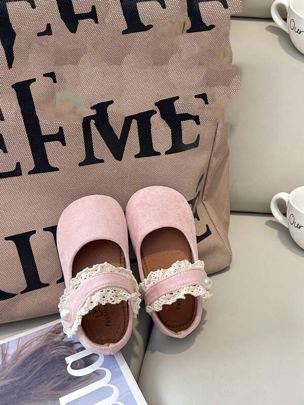 1 Pair Soft Velvet Material Mary Jane Ballet Shoes With Pearl Lace Decor, Wear-Resistant Chinese Hanfu Flat Shoes