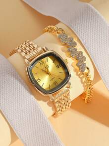 2pcs/Set Minimalist Rhinestone Roman Numeral Dial Stainless Steel Watch + Sparkling Heart Charm Bracelet, Suitable For Birthday, Graduation, Teen Gifts - Gold - View 10