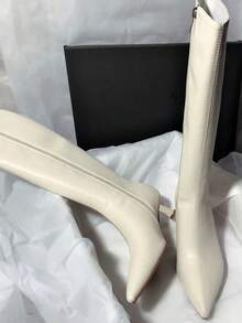 Fall/Winter Women's Pointed Toe High Heel Boots With Back Zipper, Elegant British Style Fashion Ankle Boot, Thickened Short Tube Boot,Kitten Heels - White - View 2