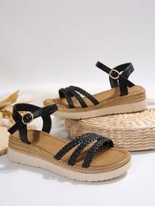 女士编织厚底坡跟凉鞋，时尚户外露趾沙滩夏季拖鞋