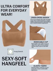 Comfy Bra Women Sexy Criss Cross Brown Bras Soft Cups Wireless Bralette U Neck Removable Padding Seamless Not Transparent Backless Lingerie Traceless Underwear Crop Tops Intimates Tank Top Training Bra Breathable Fabric Wide Straps Suitable For Party Wedding Or Dress For Fitness Yoga Running And Sports Venues