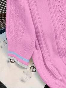 Summer Hollow Design Polo Collar Casual Collegiate Style Knit Top, Versatile & Unique - Pink - View 5