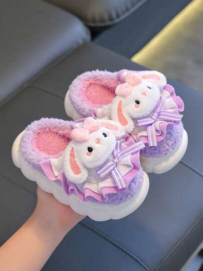 1 par de pantuflas de forro polar cálidas para niñas, diseño lindo adecuado para que los niños usen en casa, cálidas y cómodas, impermeables y antideslizantes, con decoración de lazo exquisita, adecuado para la pequeña princesa