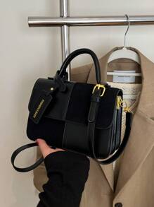Winter New Fashion Classic Joker Women's Suede Bag, Stitching Fabric Design Burgundy Bag, Letter Pattern Decorative Design Handbag, Square Bag And Shoulder Bag Are All Suitable For Shopping. For Parties And Dates.