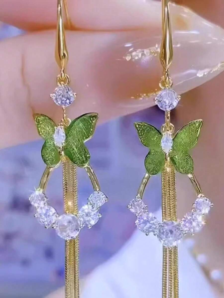 2pcs/Set 2025 Floral Tassel Butterfly Earrings, Fashion High-End Dangling Drop Earrings
